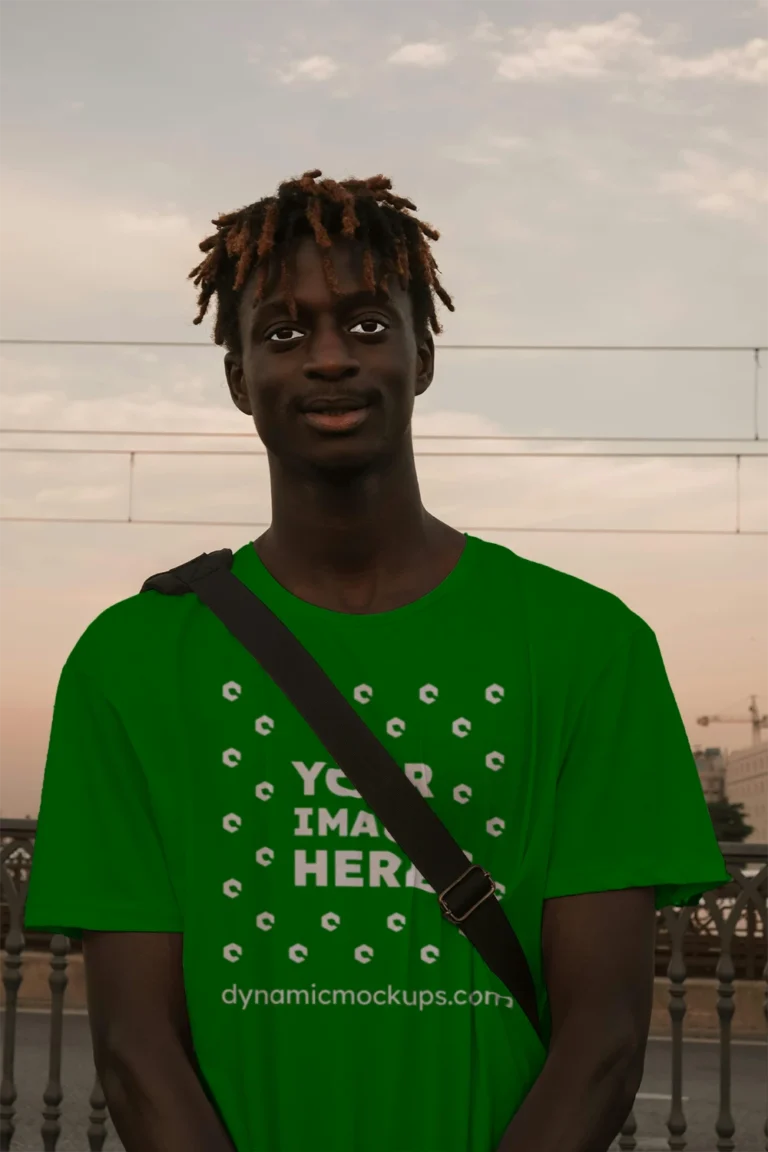 Man Wearing Green T-shirt Mockup Front View Template