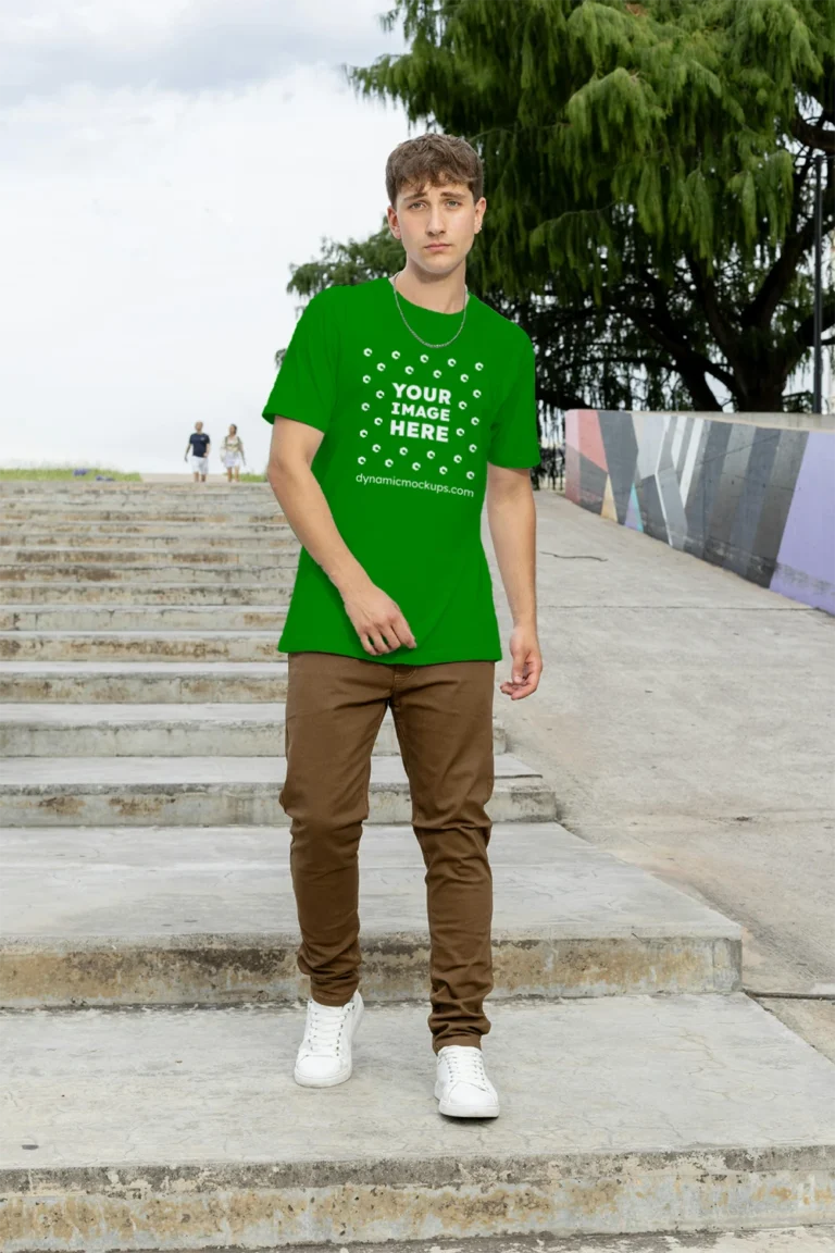 Man Wearing Green T-shirt Mockup Front View Template