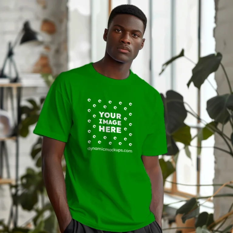 Man Wearing Green T-shirt Mockup Front View Template