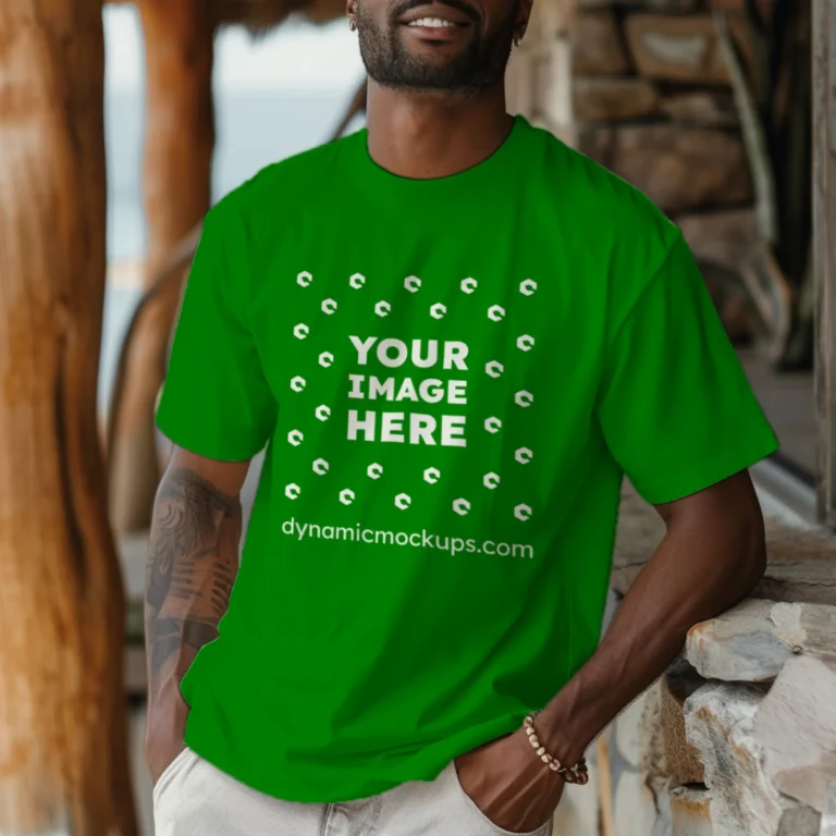 Man Wearing Green T-shirt Mockup Front View Template