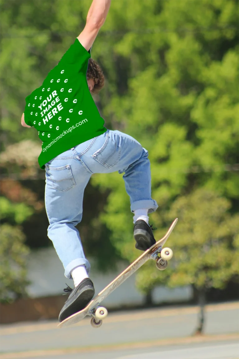 Man Wearing Green T-shirt Mockup Back View Template