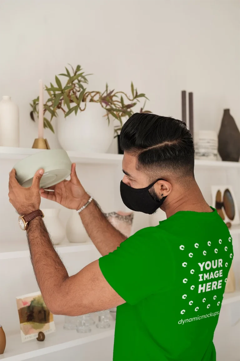 Man Wearing Green T-shirt Mockup Back View Template