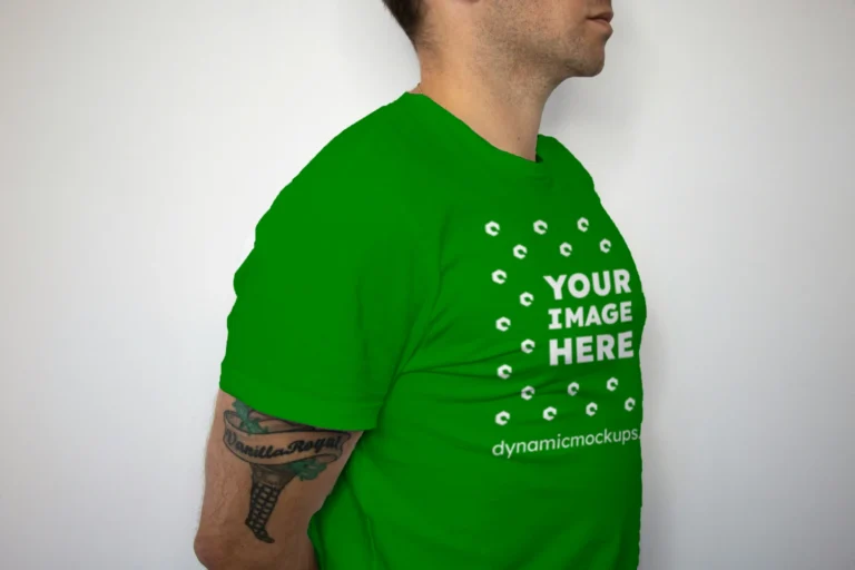 Man Wearing Green T-shirt Mockup Front View Template