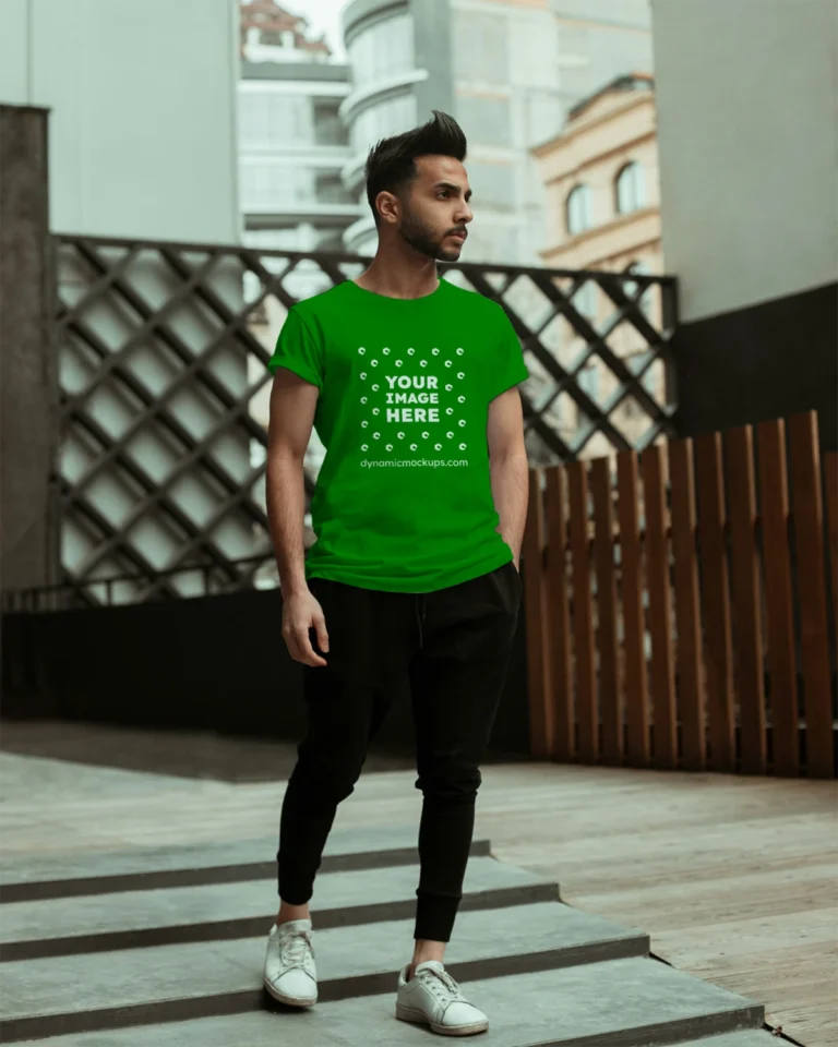 Man Wearing Green T-shirt Mockup Front View Template