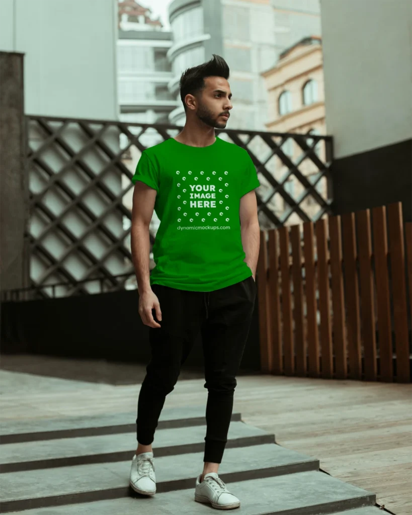 Man Wearing Green T-shirt Mockup Front View Template