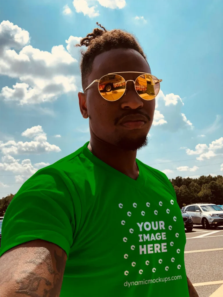 Man Wearing Green T-shirt Mockup Front View Template