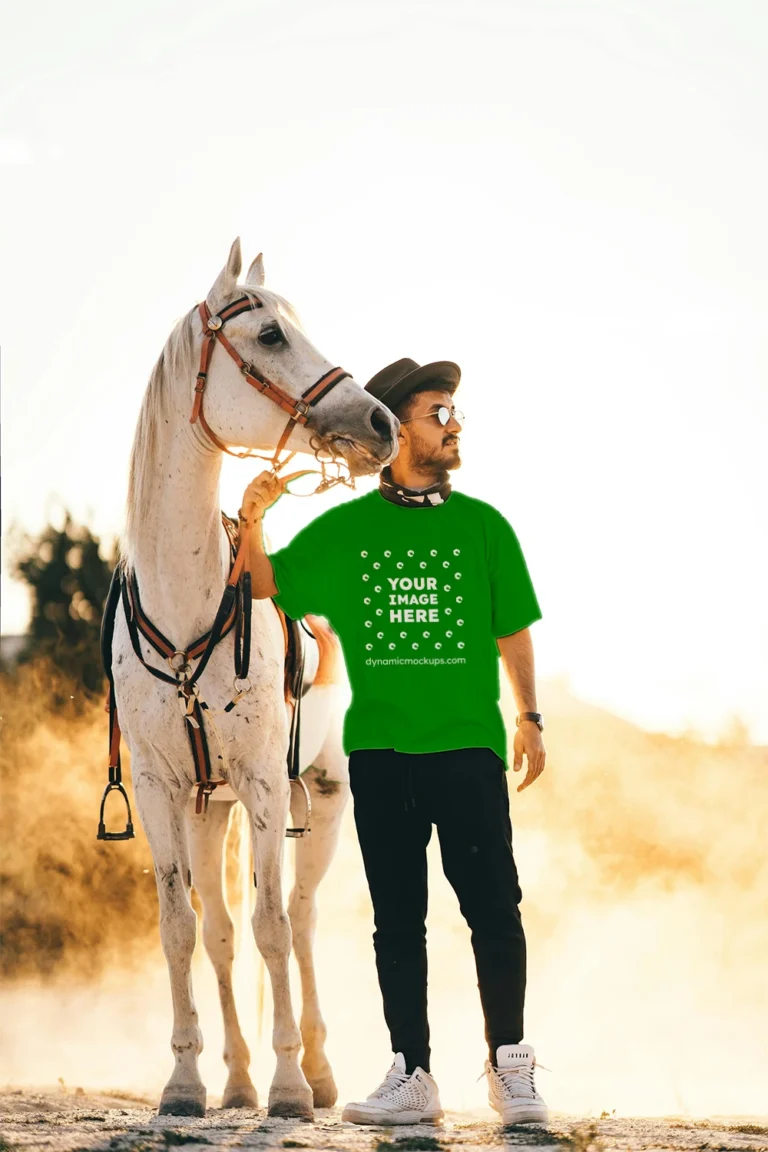 Man Wearing Green T-shirt Mockup Front View Template
