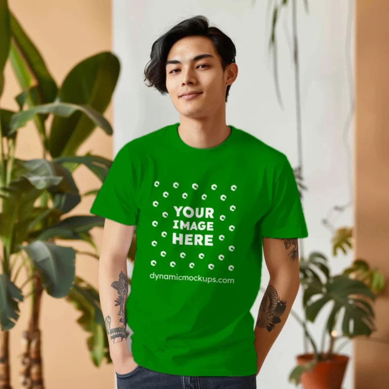 Man Wearing Green T-shirt Mockup Front View Template