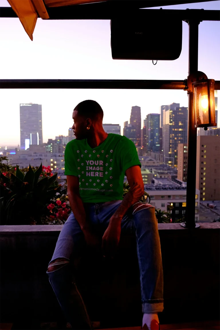 Man Wearing Green T-shirt Mockup Front View Template