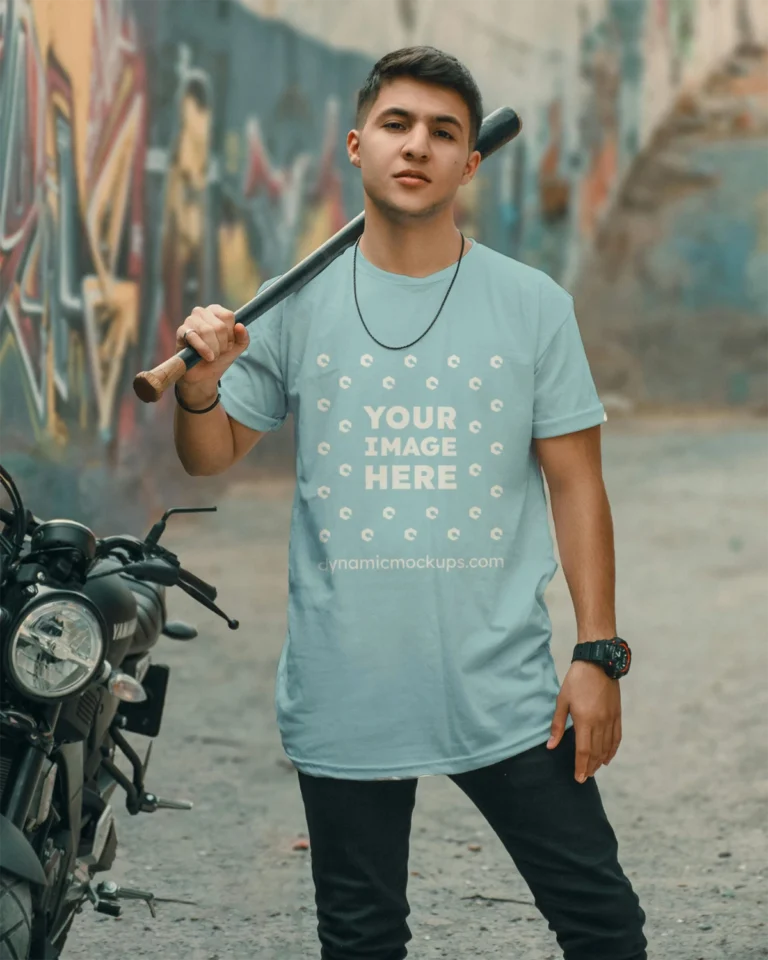 Man Wearing Light Blue T-shirt Mockup Front View Template