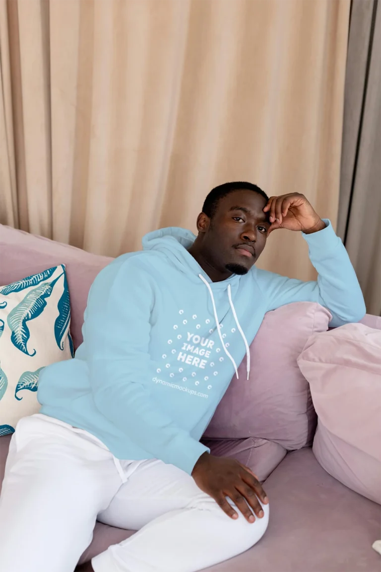 Man Wearing Light Blue Hoodie Mockup Front View Template
