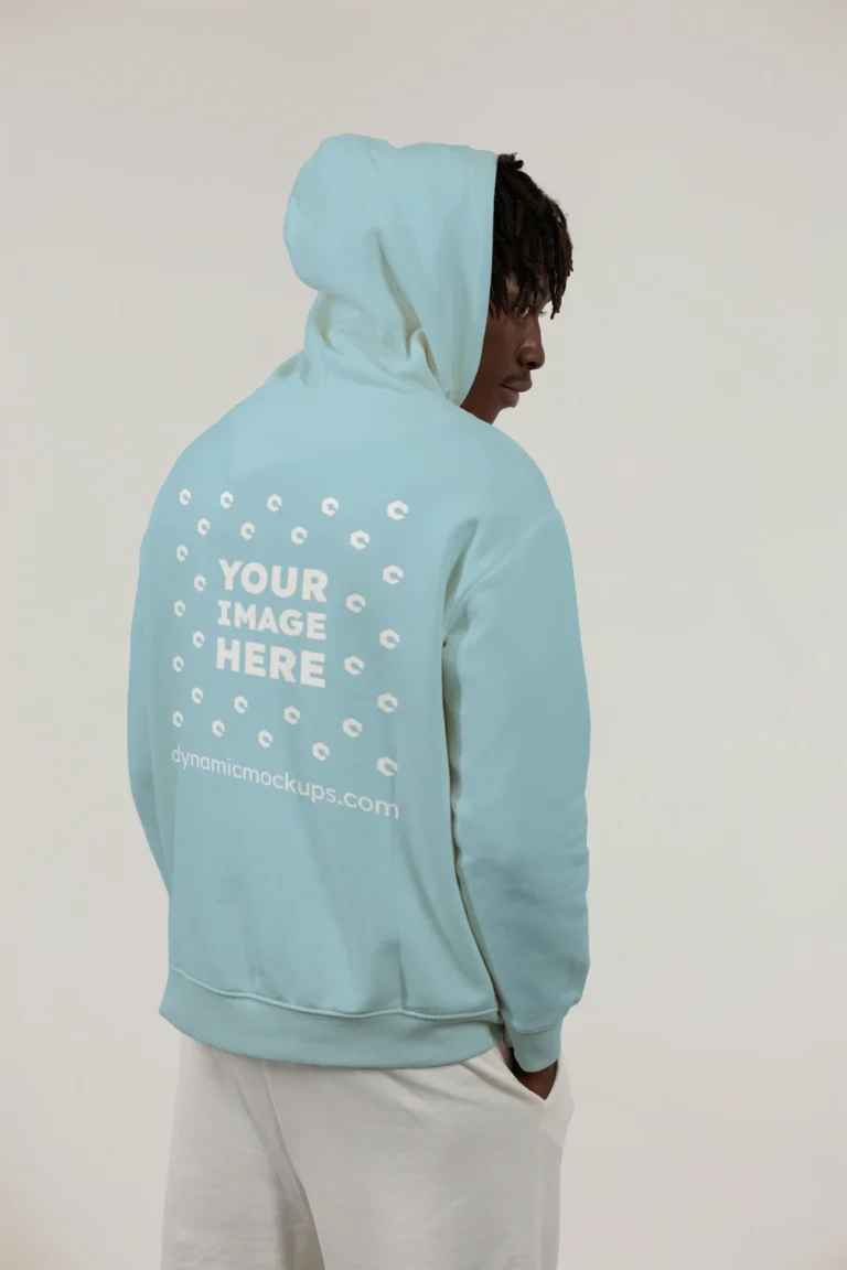 Man Wearing Light Blue Hoodie Mockup Back View Template