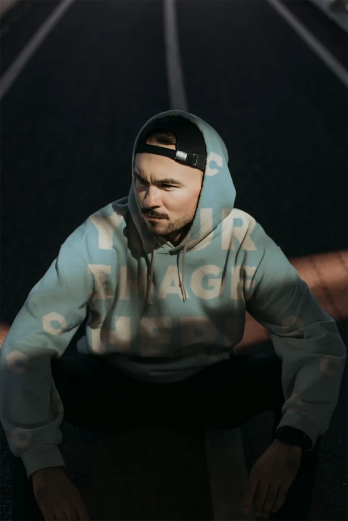 Man Wearing Light Blue Hoodie Mockup Front View Template
