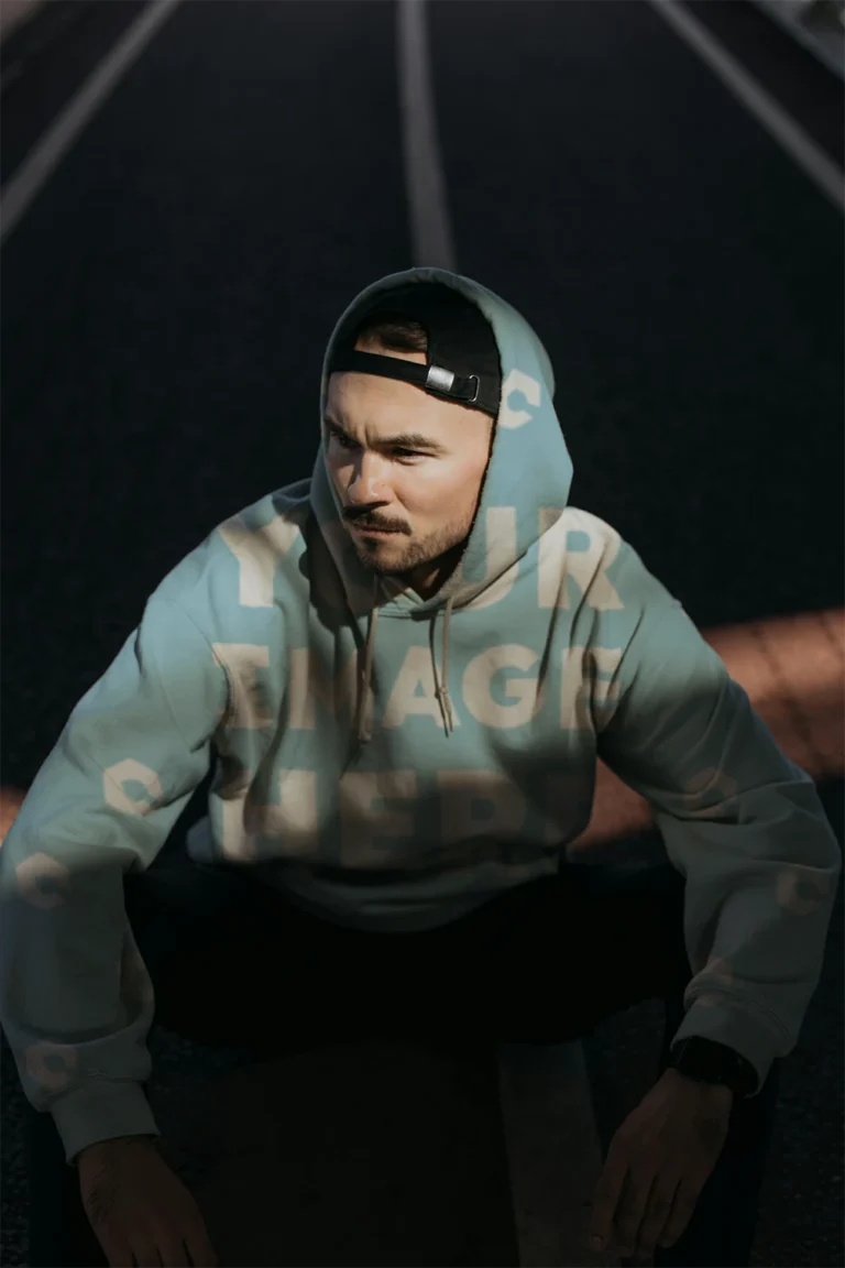 Man Wearing Light Blue Hoodie Mockup Front View Template