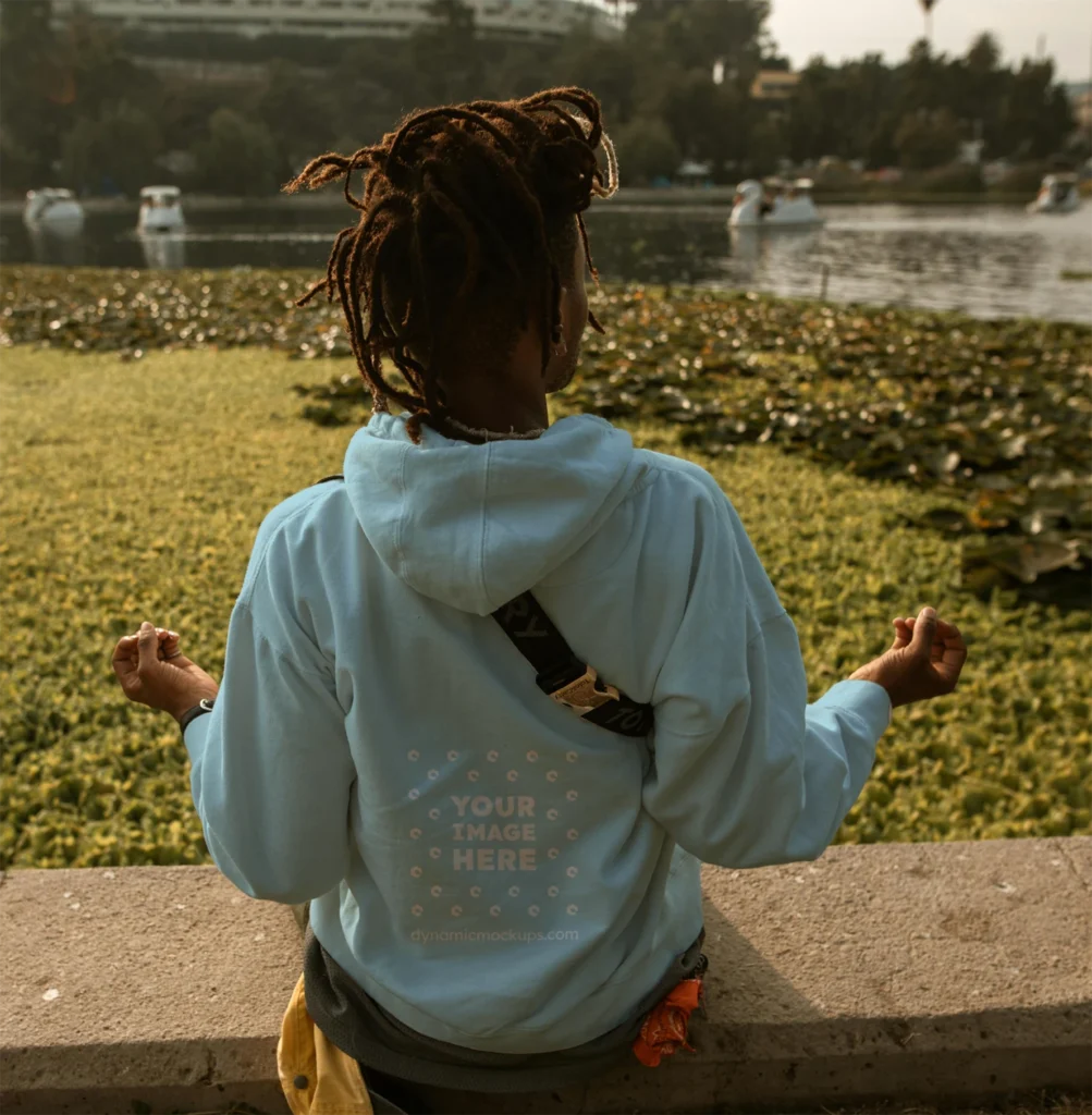 Man Wearing Light Blue Hoodie Mockup Back View Template