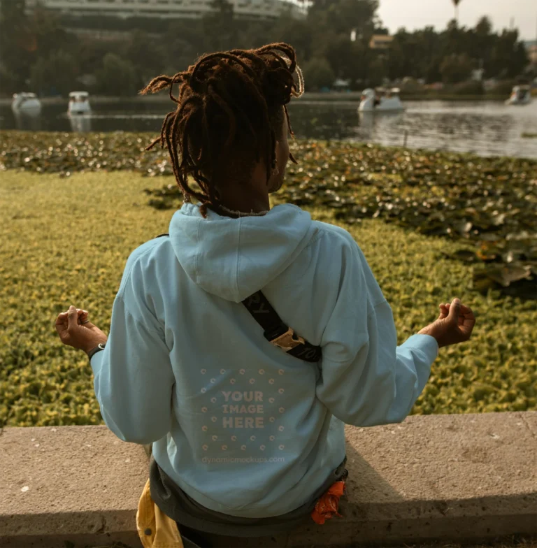 Man Wearing Light Blue Hoodie Mockup Back View Template