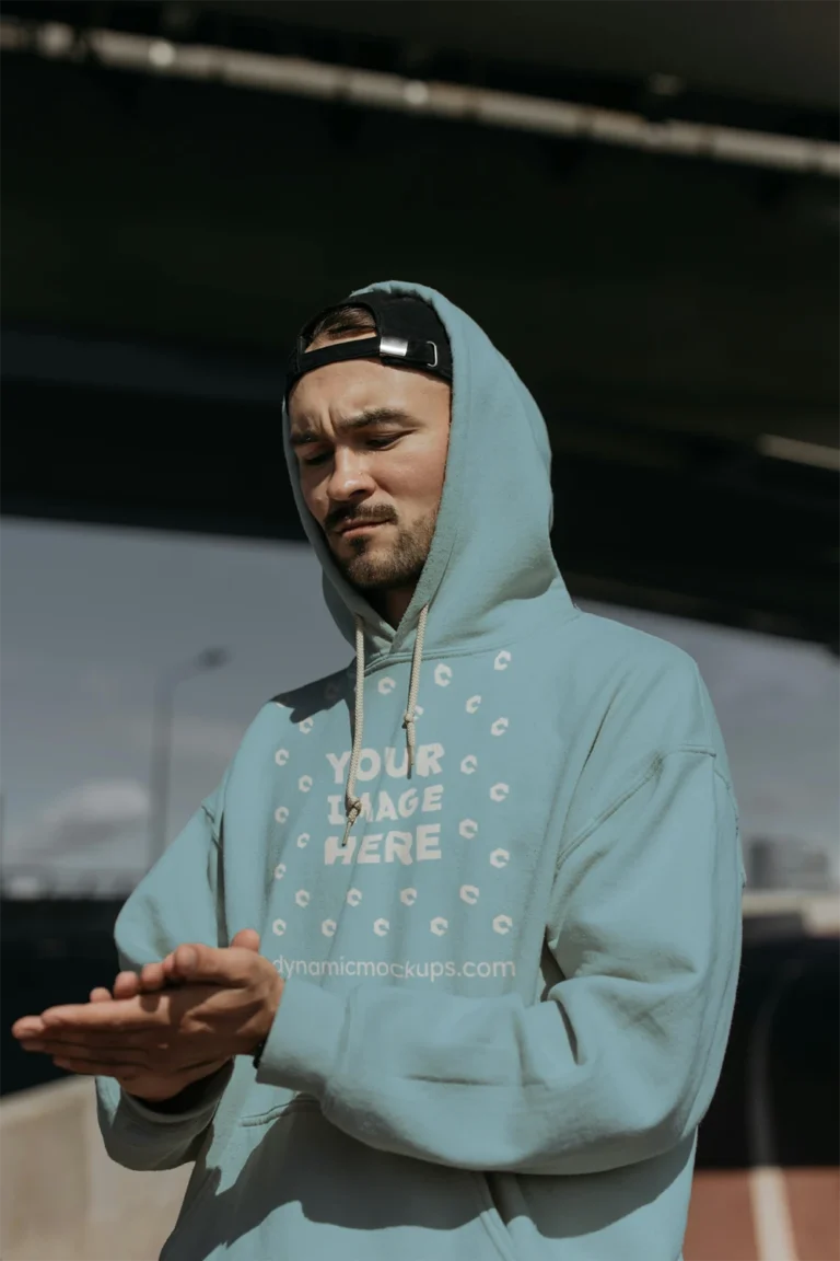 Man Wearing Light Blue Hoodie Mockup Front View Template