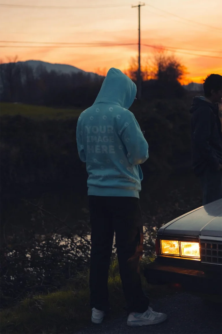 Man Wearing Light Blue Hoodie Mockup Back View Template