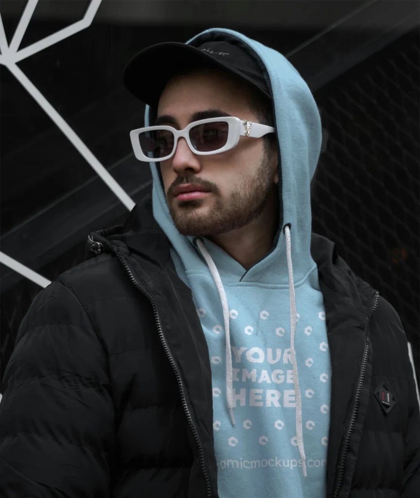 Man Wearing Light Blue Hoodie Mockup Front View Template