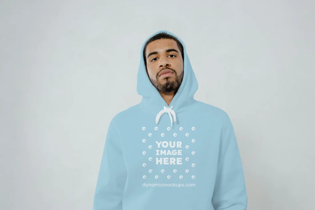 Man Wearing Light Blue Hoodie Mockup Front View Template