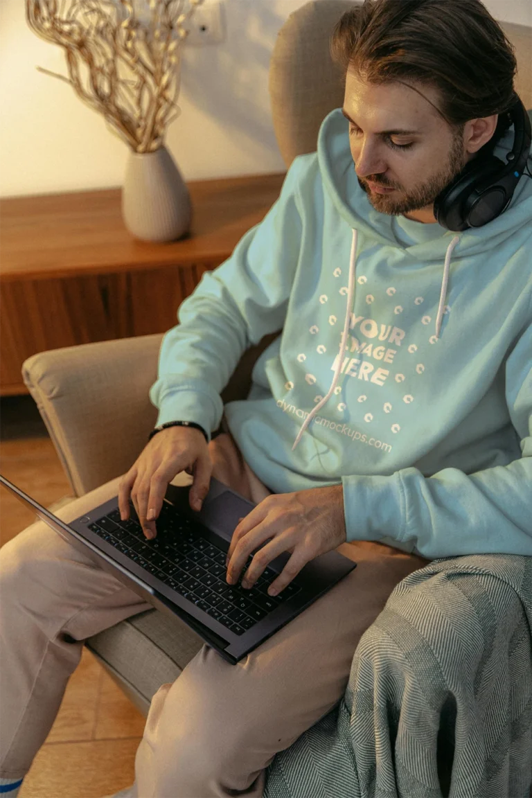 Man Wearing Light Blue Hoodie Mockup Front View Template
