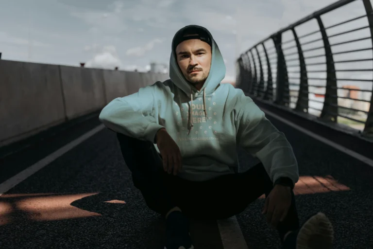 Man Wearing Light Blue Hoodie Mockup Front View Template