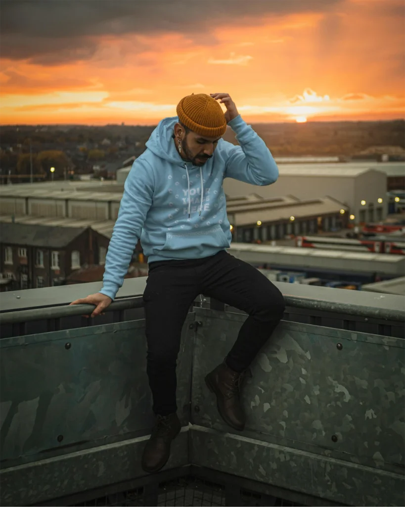 Man Wearing Light Blue Hoodie Mockup Front View Template