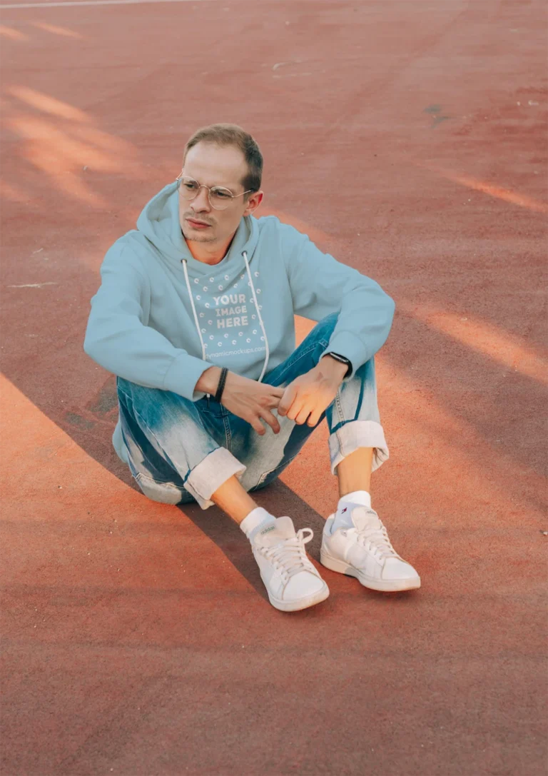 Man Wearing Light Blue Hoodie Mockup Front View Template