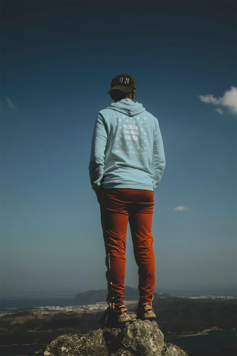 Man Wearing Light Blue Hoodie Mockup Back View Template