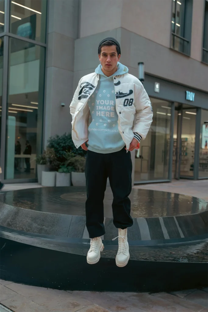 Man Wearing Light Blue Hoodie Mockup Front View Template