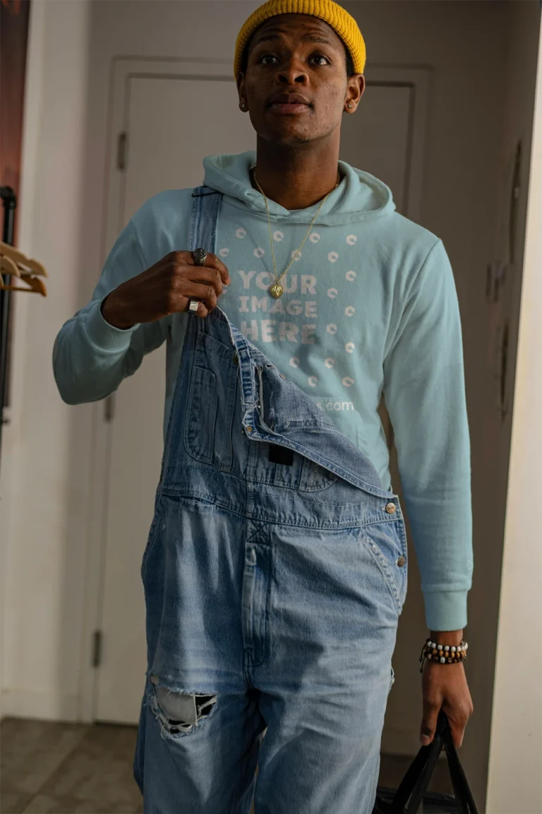 Man Wearing Light Blue Hoodie Mockup Front View Template