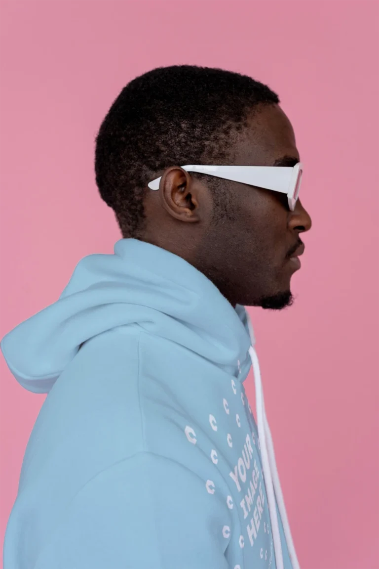 Man Wearing Light Blue Hoodie Mockup Side View Template