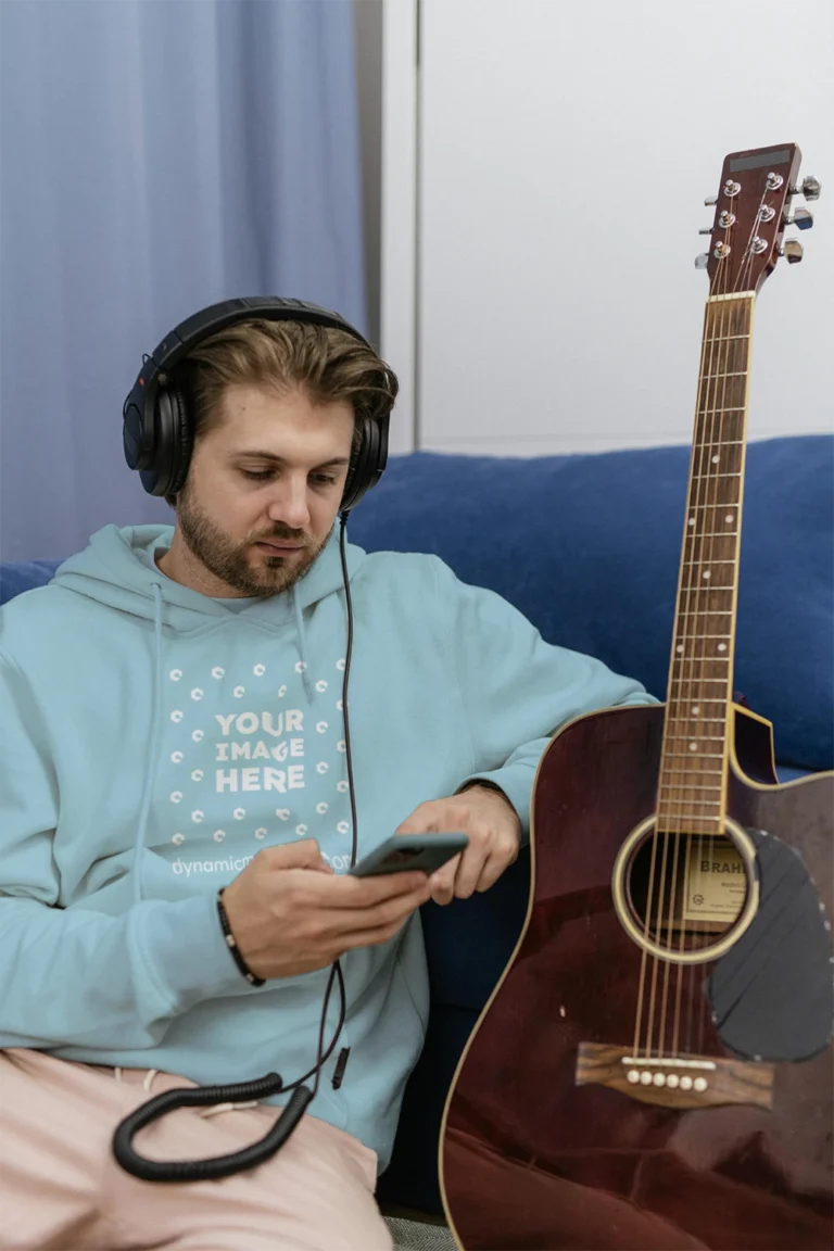 Man Wearing Light Blue Hoodie Mockup Front View Template