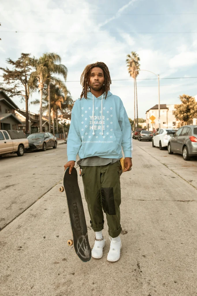 Man Wearing Light Blue Hoodie Mockup Front View Template