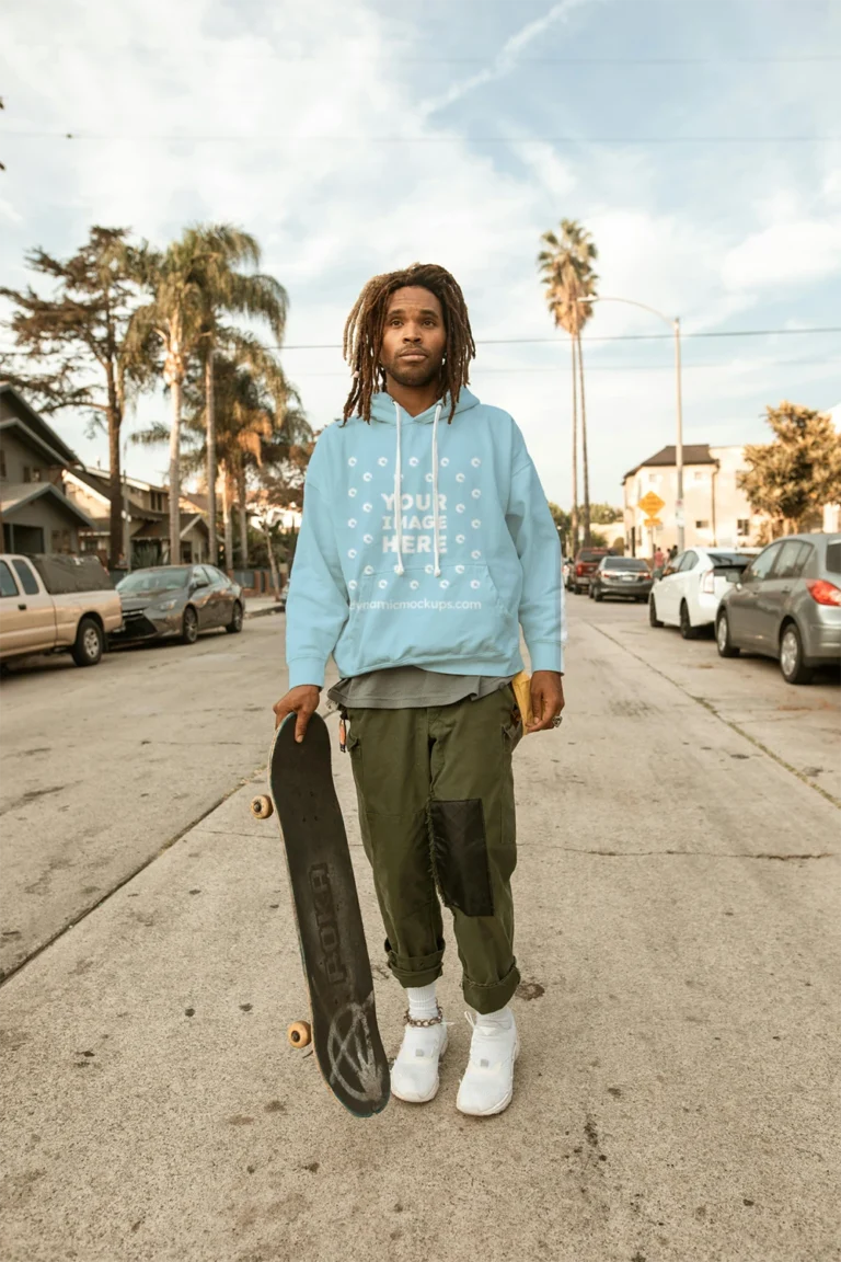 Man Wearing Light Blue Hoodie Mockup Front View Template