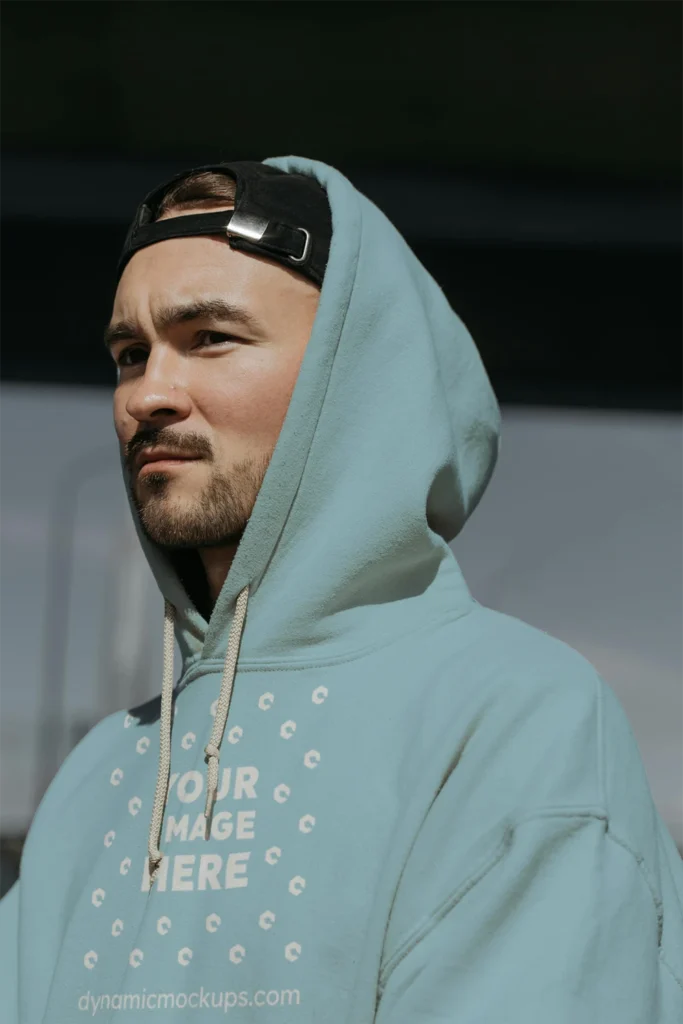 Man Wearing Light Blue Hoodie Mockup Front View Template