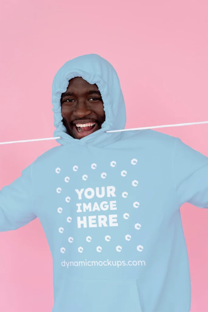 Man Wearing Light Blue Hoodie Mockup Front View Template