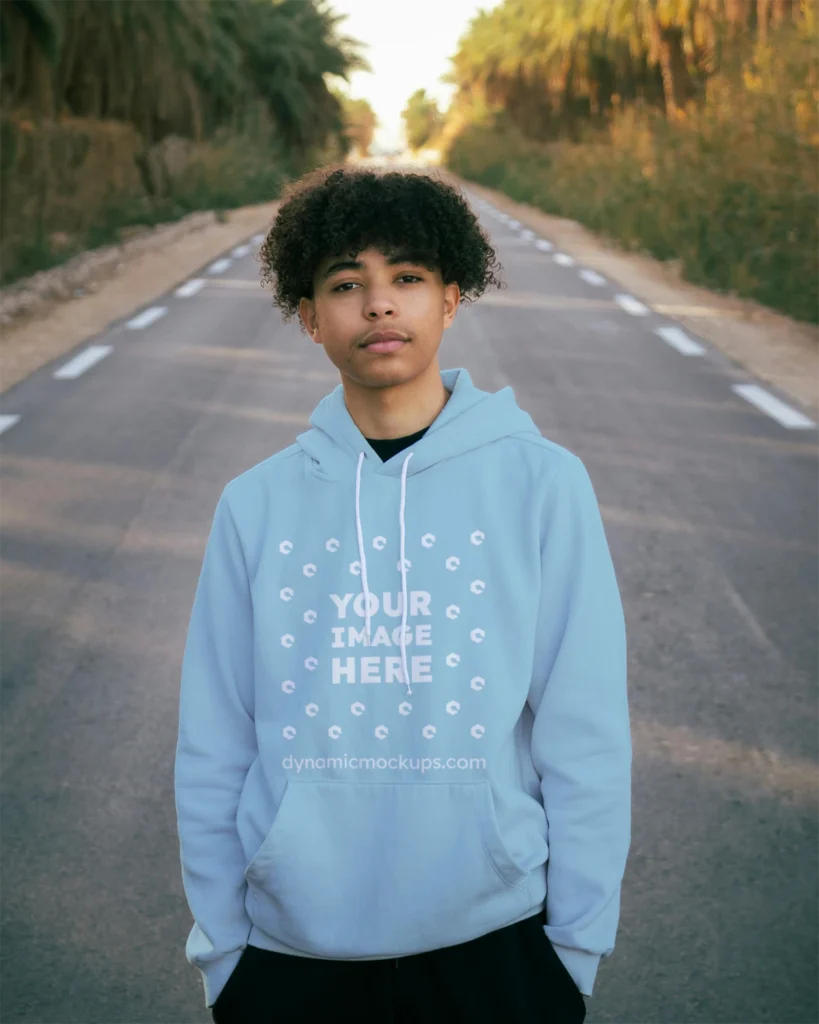 Man Wearing Light Blue Hoodie Mockup Front View Template