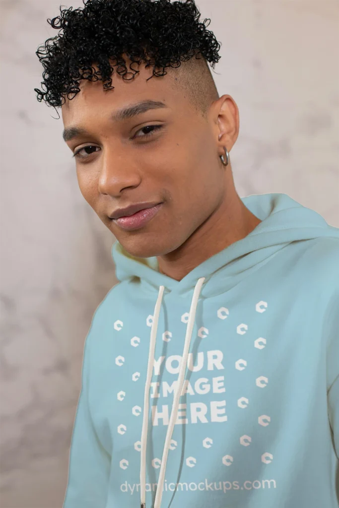 Man Wearing Light Blue Hoodie Mockup Front View Template