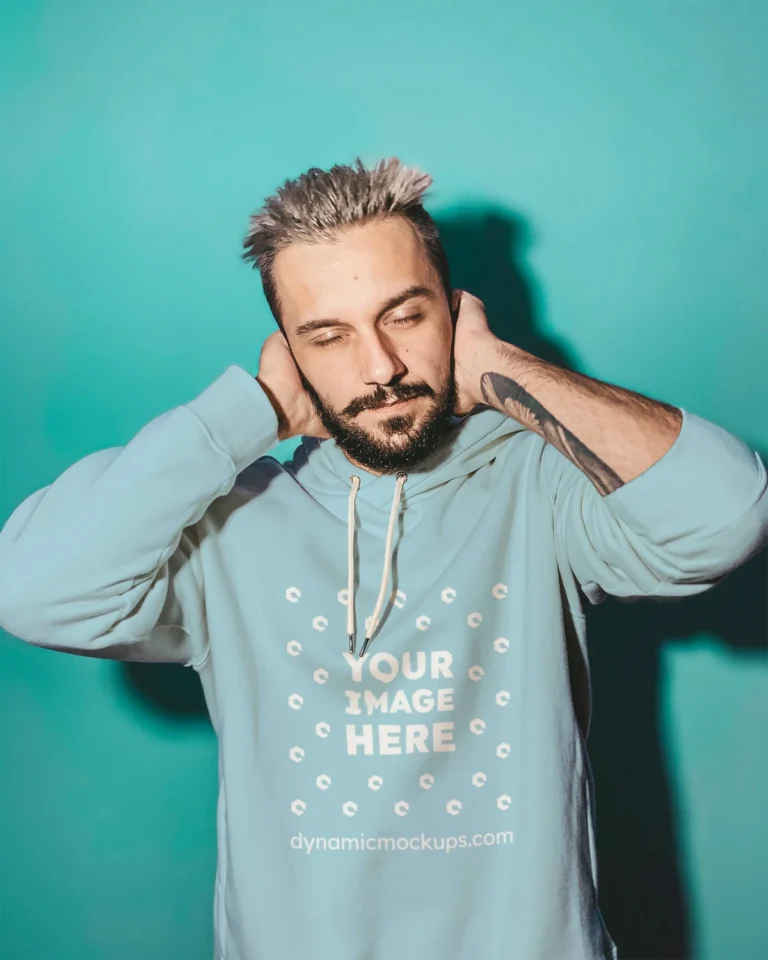 Man Wearing Light Blue Hoodie Mockup Front View Template