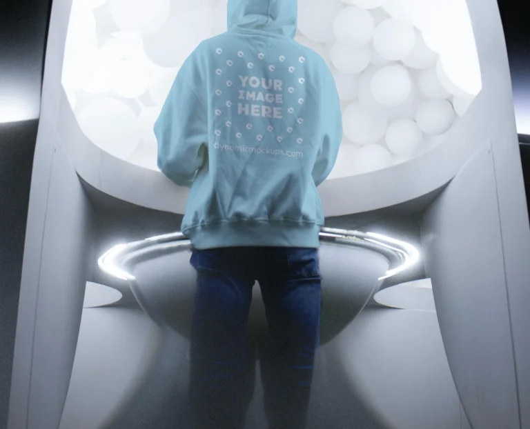 Man Wearing Light Blue Hoodie Mockup Back View Template