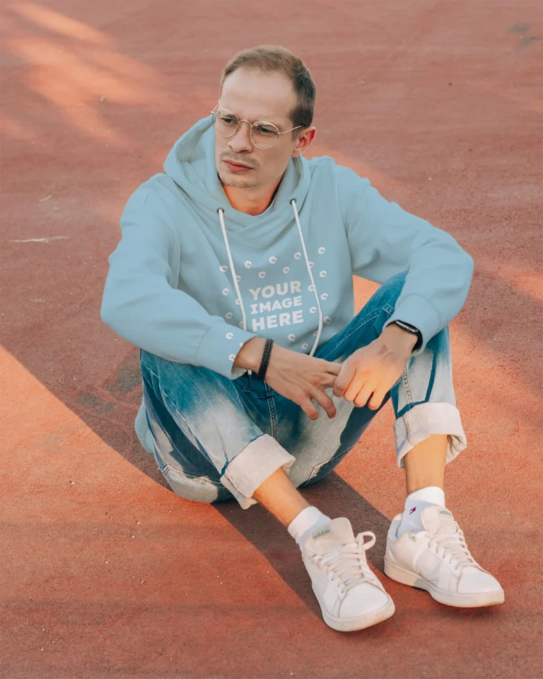 Man Wearing Light Blue Hoodie Mockup Front View Template