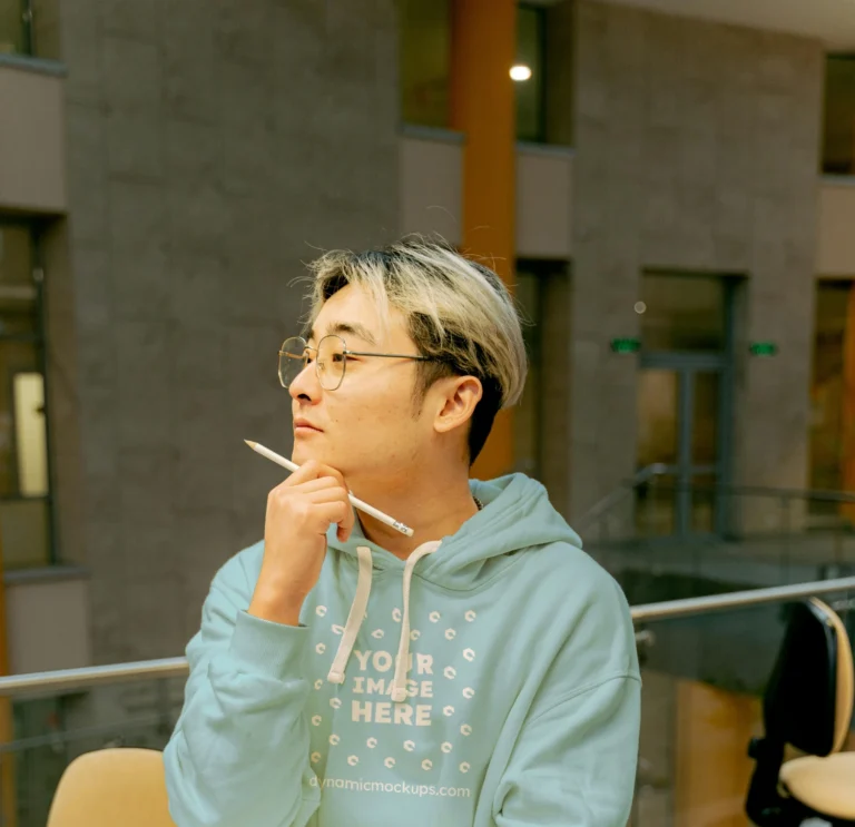 Man Wearing Light Blue Hoodie Mockup Front View Template