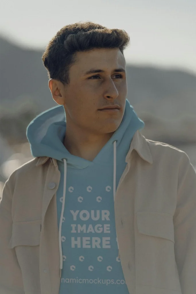 Man Wearing Light Blue Hoodie Mockup Front View Template