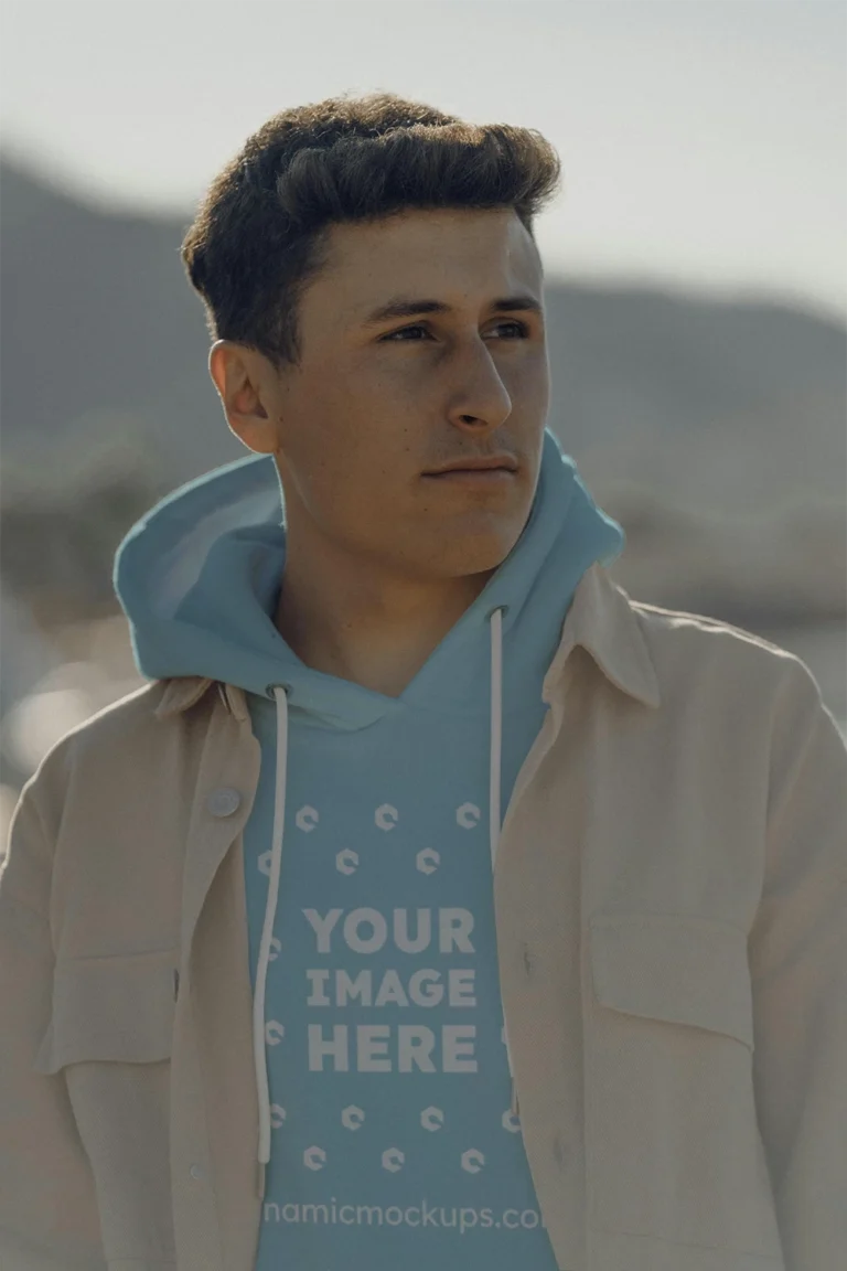 Man Wearing Light Blue Hoodie Mockup Front View Template