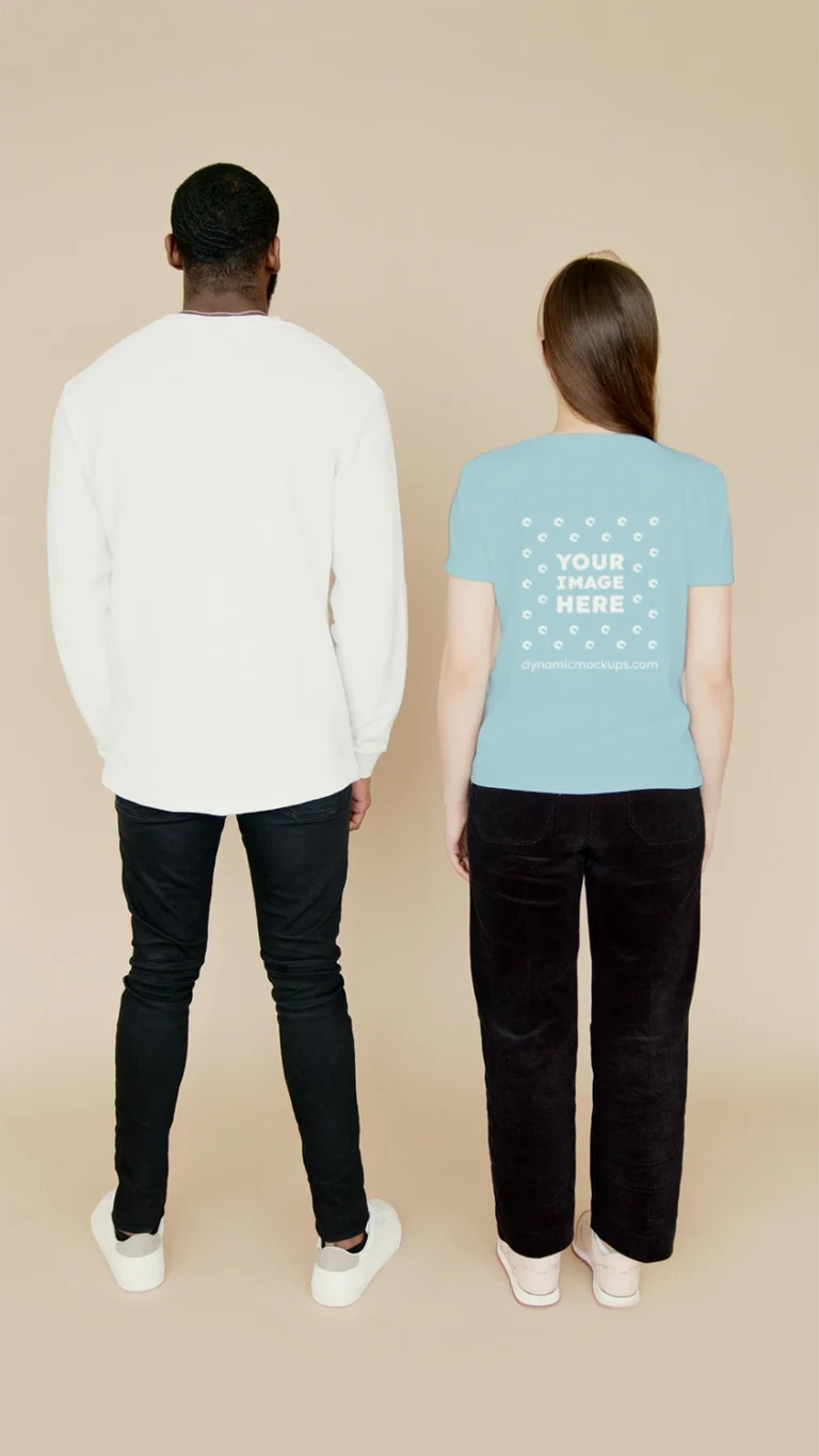 Man Wearing Light Blue T-shirt Mockup Back View Template