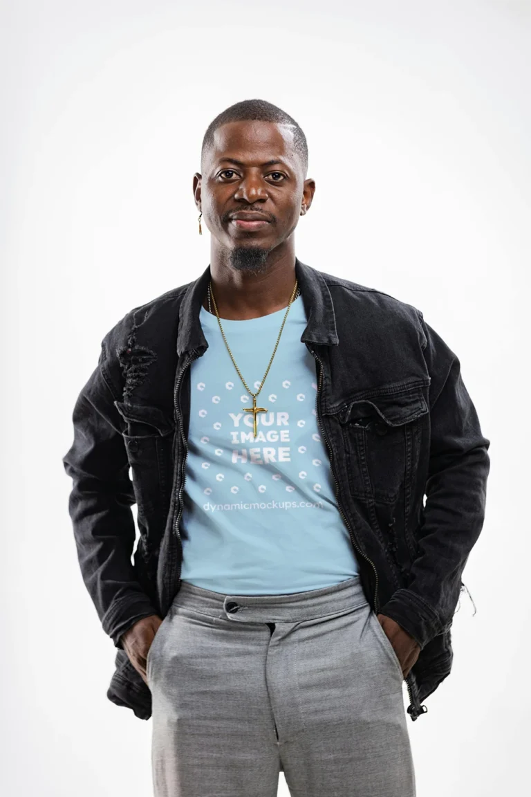 Man Wearing Light Blue T-shirt Mockup Front View Template