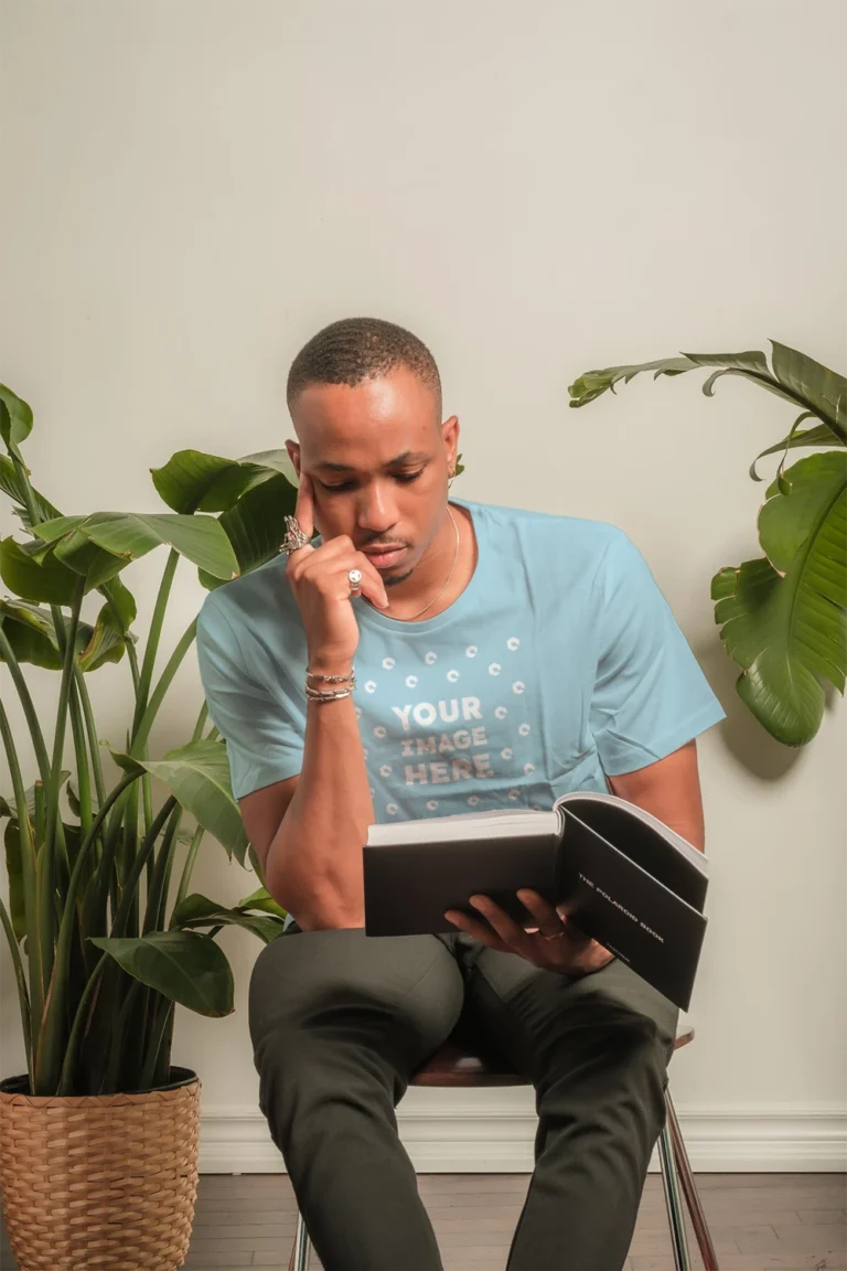 Man Wearing Light Blue T-shirt Mockup Front View Template
