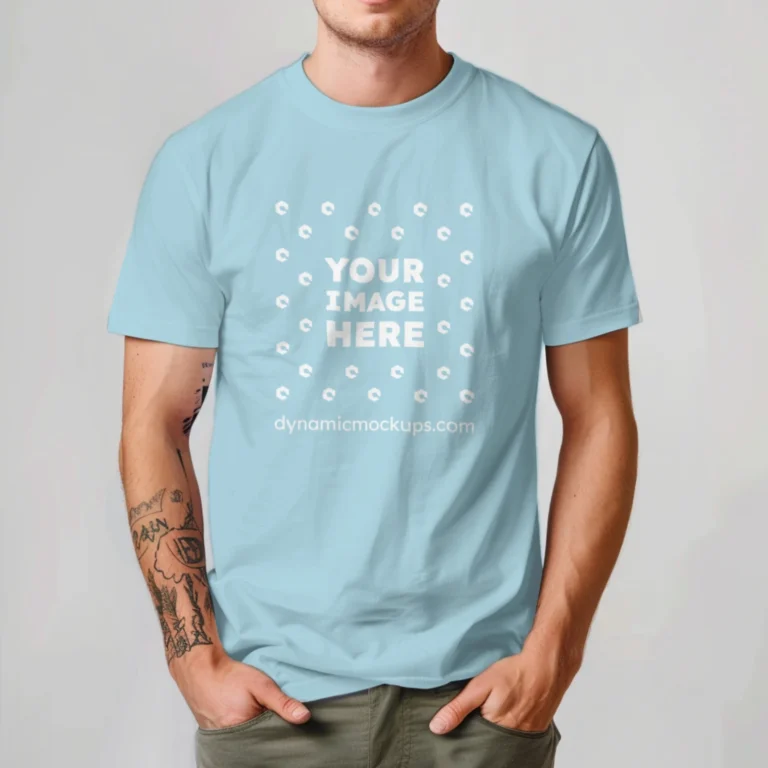 Man Wearing Light Blue T-shirt Mockup Front View Template