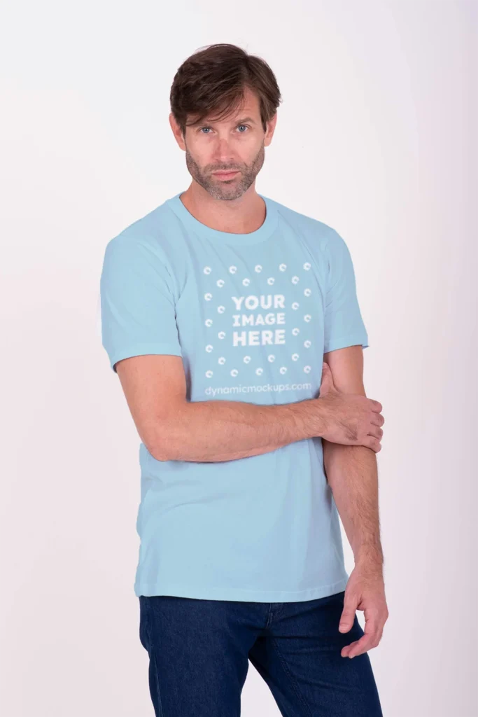 Man Wearing Light Blue T-shirt Mockup Front View Template
